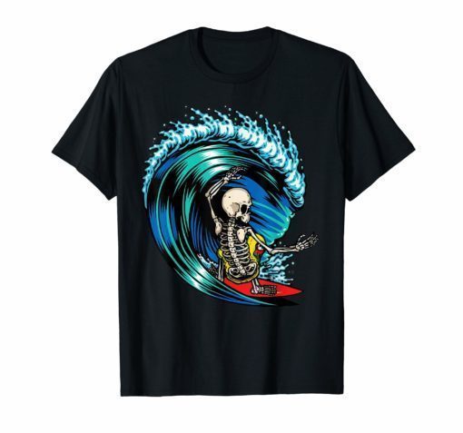 Mens Womens T Shirt Human Skeleton Skull Surfing
