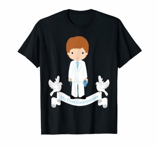 My First Communion Shirt Gift Kids Son Boy Brown Hair Bible