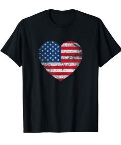 USA Flag Heart T-Shirt 4th July Red White Blue Stars Stripes