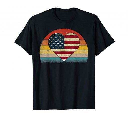 USA Flag Heart T Shirt 4th July Red White Blue Stars Stripes T-Shirt