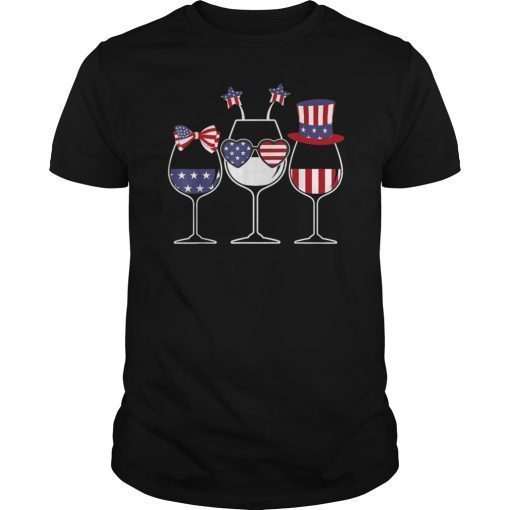 Red White Blue Wine Glasses US Flag 4th Of July Tee Shirt