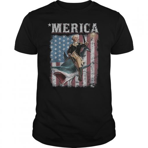 Washington Riding Shark T-shirt Funny July 4th American Flag T-Shirt
