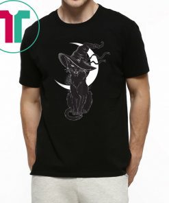 Vintage Scary Halloween Black Cat Costume Witch Hat & Moon T-Shirt