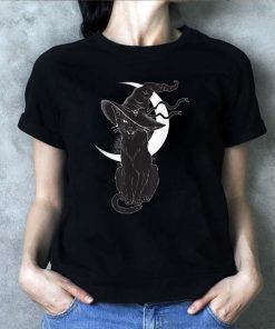 Halloween black cat costume witch hat and moon shirt