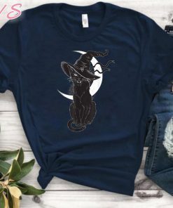 Halloween black cat costume witch hat and moon shirt