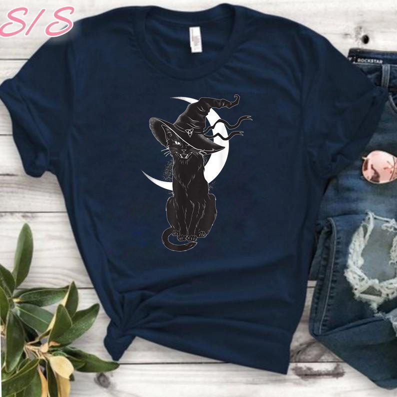 Halloween black cat costume witch hat and moon shirt