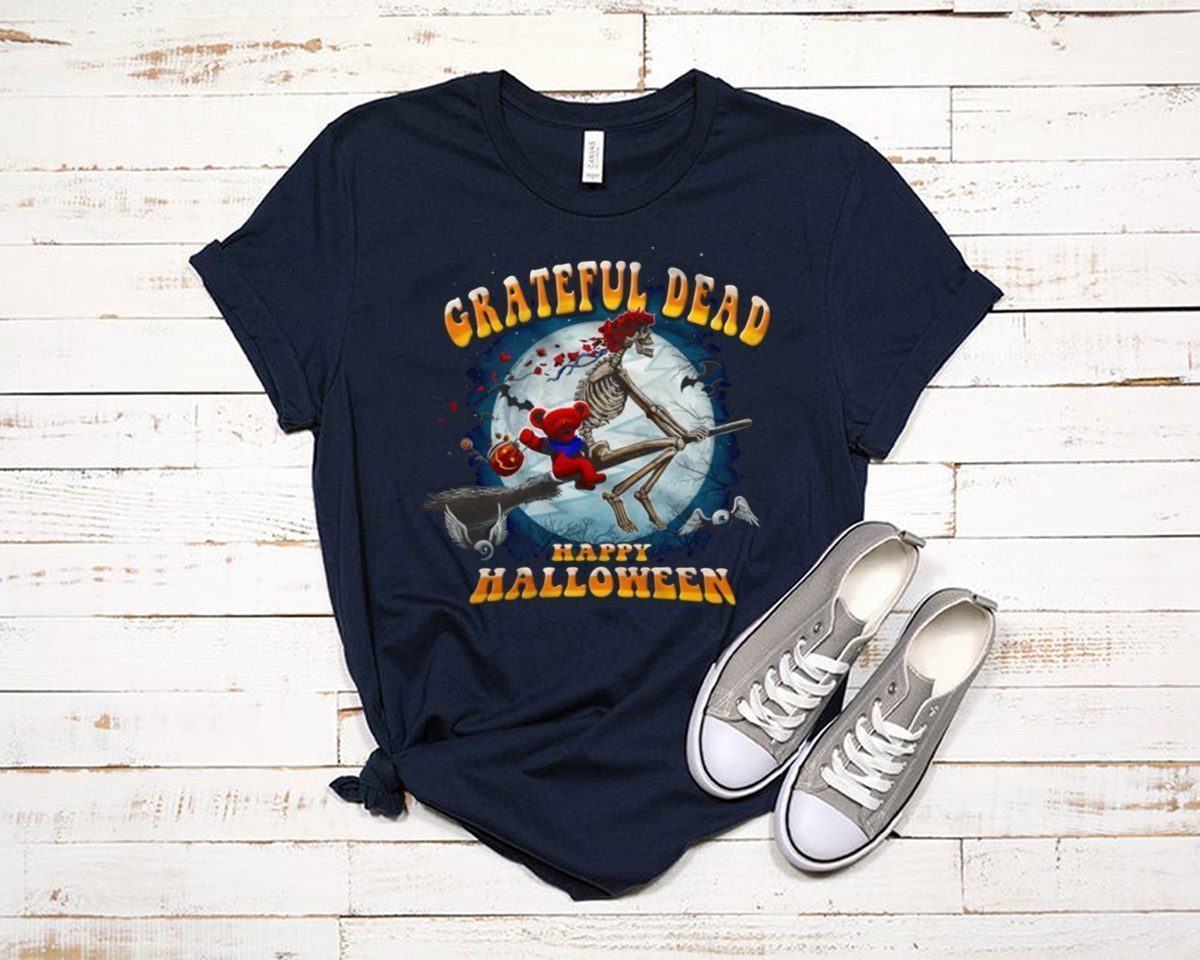 Happy Halloween Skeleton And Bear Riding Broomstick Grateful Dead T-shirt