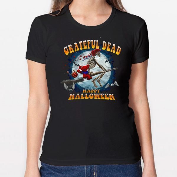 Happy Halloween Skeleton And Bear Riding Broomstick Grateful Dead T-shirt