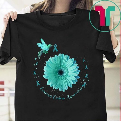 Hummingbird Sunflower Teal Ribbon Ovarian Cancer Awareness T-Shirt