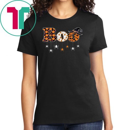 Boo Halloween T-shirt With Spiders and Witch Hat