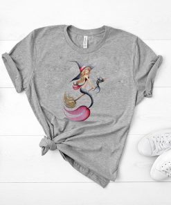 Halloween witch mermaid is riding a broom with her cat shirt