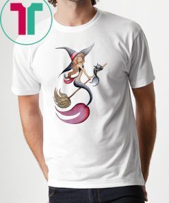 Halloween witch mermaid is riding a broom with her cat shirt