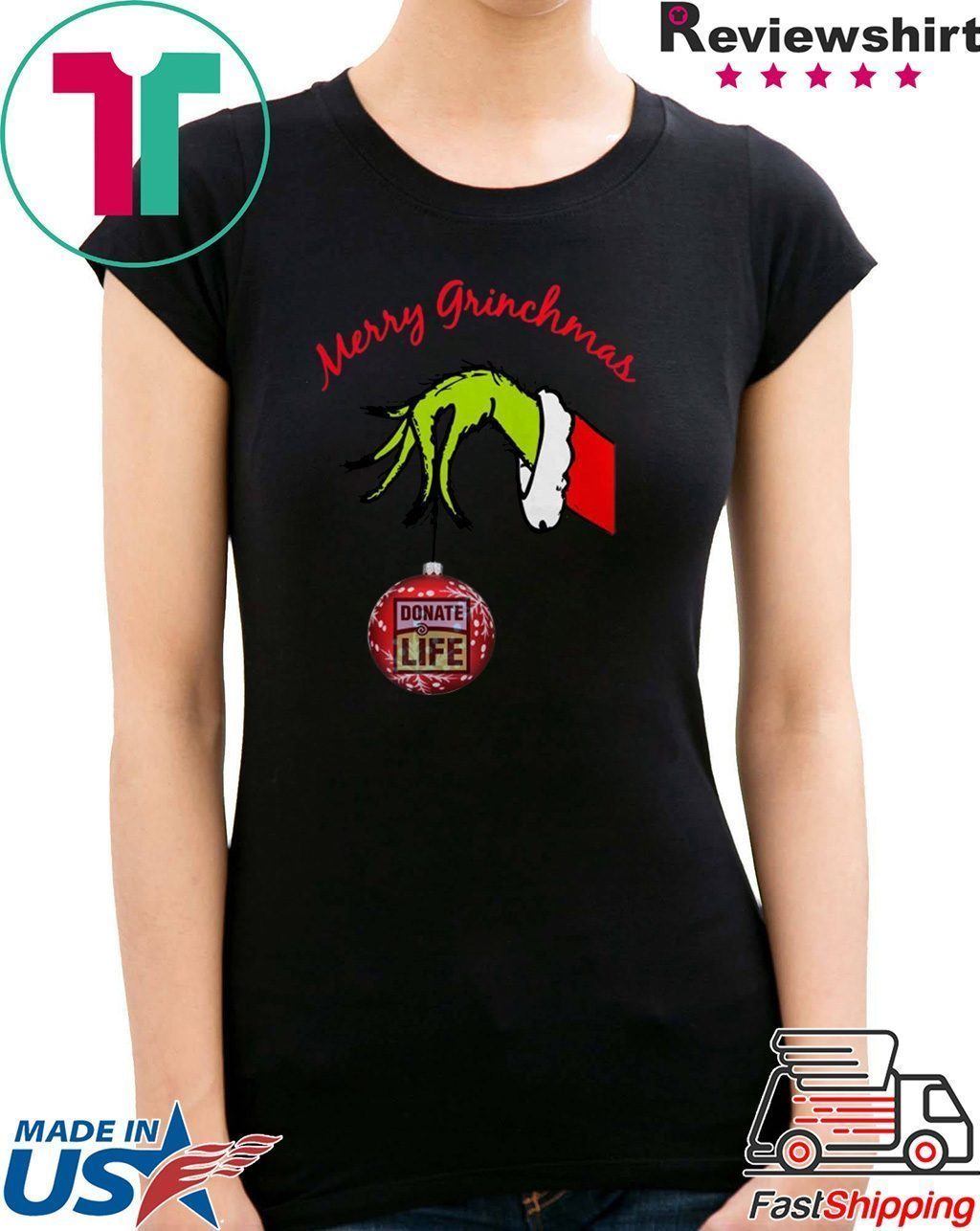 Grinch Hand holding Donate Life Merry Christmas T-Shirt