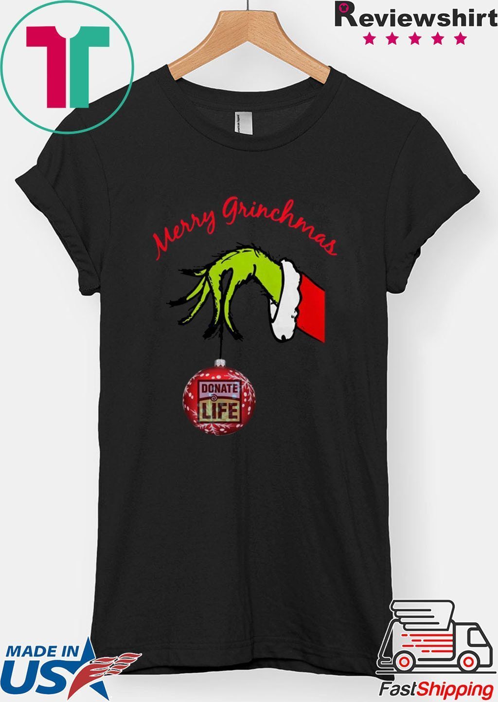 Grinch Hand holding Donate Life Merry Christmas T-Shirt