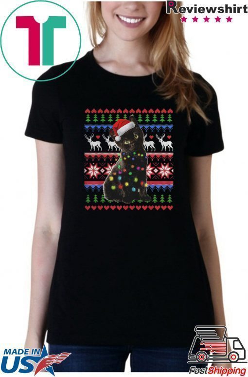 Santa Black Cat Christmas Light Ugly shirt