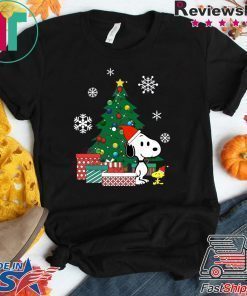 Snoopy and Woodstock around the Christmas tree shirt