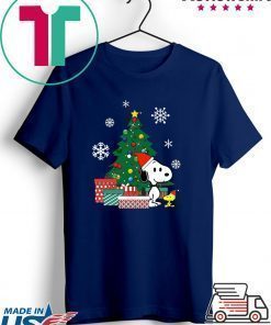 Snoopy and Woodstock around the Christmas tree shirt