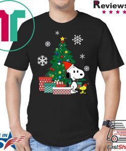 Snoopy and Woodstock around the Christmas tree shirt