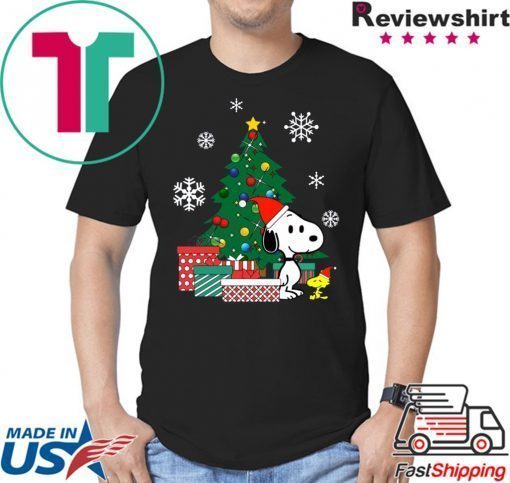Snoopy and Woodstock around the Christmas tree shirt