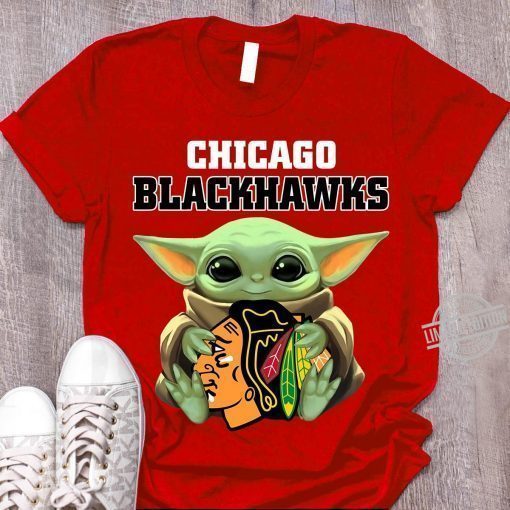 Baby Yoda Hug Chicago Blackhawks Logo Tee Shirts