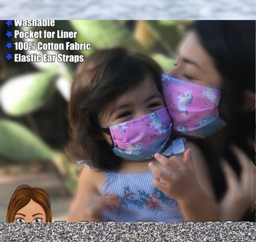 Unicorn Face Mask for kids & adults made of 100% washable Cotton Fabric with Pocket for Filter