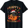 Classic Happy HallowThankMas Black Cat Santa Hat Holiday Season T-Shirt