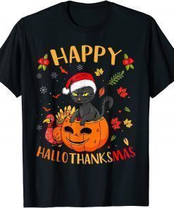 Classic Happy HallowThankMas Black Cat Santa Hat Holiday Season T-Shirt