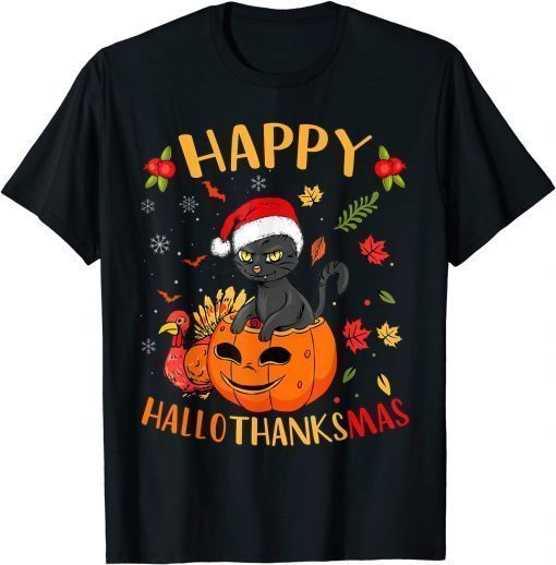 Classic Happy HallowThankMas Black Cat Santa Hat Holiday Season T-Shirt
