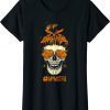 Womens Momster Messy Bun Skull Halloween Mom Shirt