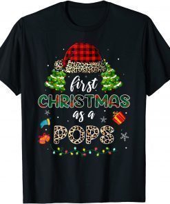 Official First Christmas As A Pops Santa Hat Leopard Plaid T-Shirt