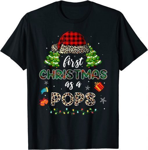 Official First Christmas As A Pops Santa Hat Leopard Plaid T-Shirt