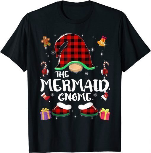 Mermaid Gnome Buffalo Plaid Red Matching Family Christmas TShirt