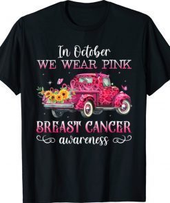 In October We Wear Pink Ribbon Leopard Truck Breast Cancer Shirt