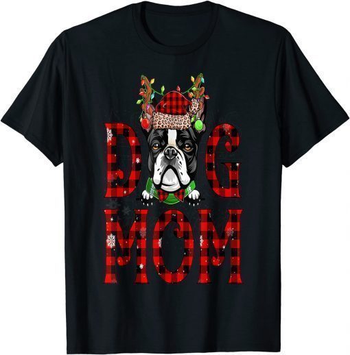 Official Boston Terrier Mom Red Plaid Buffalo Christmas Decorations T-Shirt