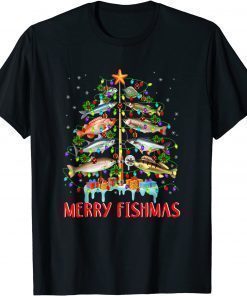 2021 Merry Fishmas Funny Christmas Tree Lights Fish Fishing Rod T-Shirt