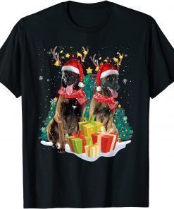 Funny Belgian Malinois Reindeer Hat Santa Christmas Light Xmas Gift Tee Shirt