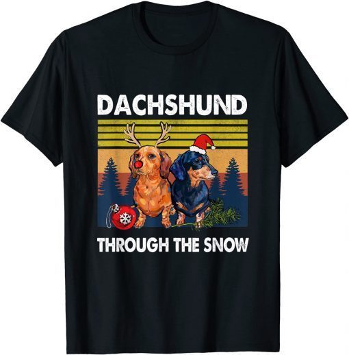 Merry Christmas Dachshund Dog Through The Snow Funny T-Shirt