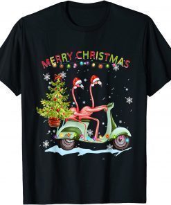 T-Shirt Flamingo Santa Hat Xmas Light Motobike Christmas Holiday