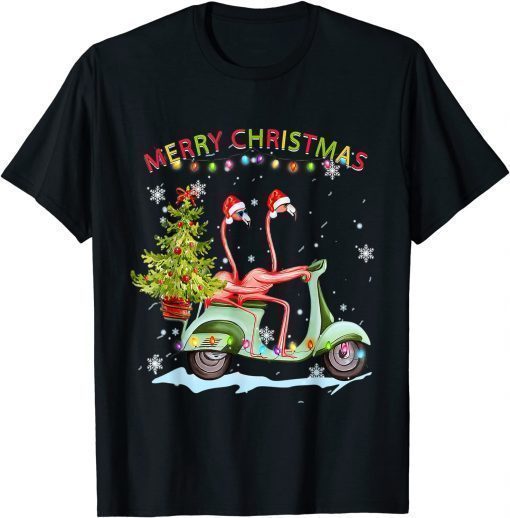 T-Shirt Flamingo Santa Hat Xmas Light Motobike Christmas Holiday