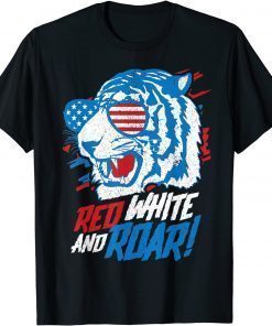 T-Shirt Red White And Roar Tiger 4th Of July USA American Flag Gift