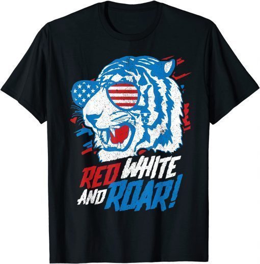 T-Shirt Red White And Roar Tiger 4th Of July USA American Flag Gift