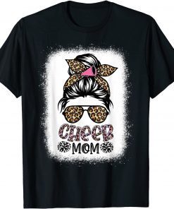 2022 Cheer Mom Leopard Messy Bun Cheerleader Bleached Mothers Day T-Shirt
