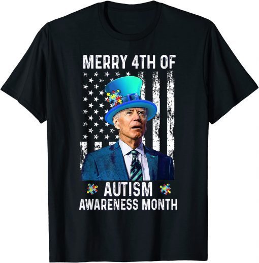 Official Joe Biden Merry 4th Of Autism Awareness Month Puzzle Piece TShirt