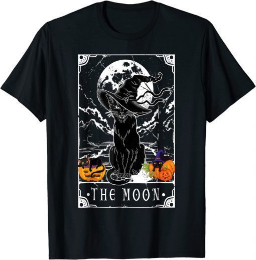 Tarot Card Crescent Moon And Black Cat Witch Hat Halloween Gift Shirts