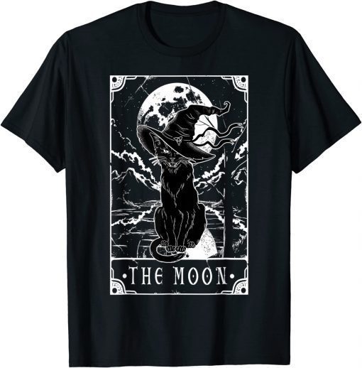 Tarot Card Crescent Moon And Black Cat Witch Hat Halloween Tee Shirt