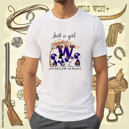 Just A Woman Who Loves Fall And Washington Huskies Peanuts Cartoon Funny TShirt