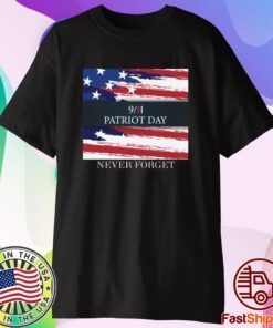 Never Forget with an image of a distressed American flag Tee shirt