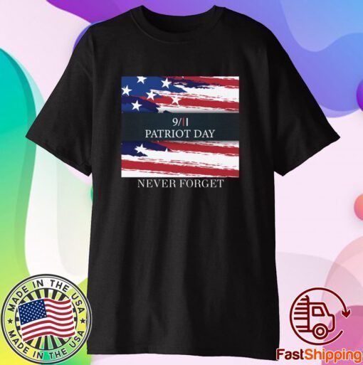 Never Forget with an image of a distressed American flag Tee shirt