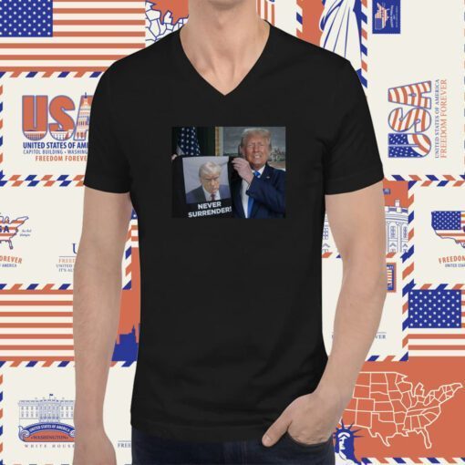 Trump Shows Off Trump Mugshot Never Surrender T-Shirt