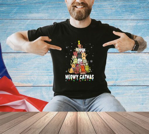 Meowy Catmas Cat Christmas Tree Xmas Girls Boys Funny Santa T-Shirt